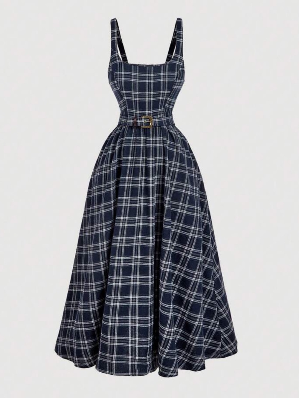Women's Plaid Strap Dress With Long Flared Hem, Collegiate, Casual